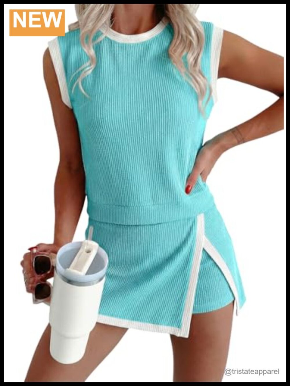 EVALESS 2 Piece Set Rib Knit Tank Top High Waist Split Mini Skirt Outfit